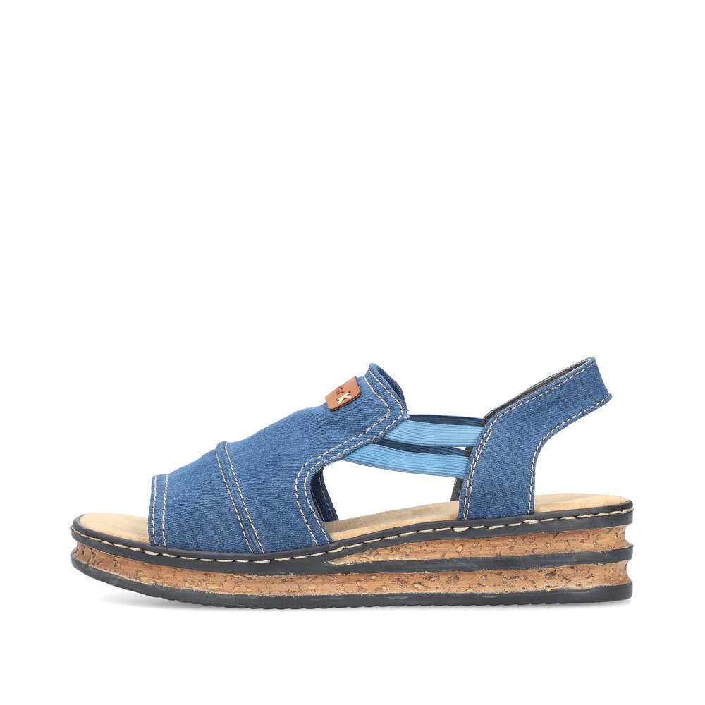Blue vegan Rieker women´s wedge sandals 62982-12 with an elastic insert. Outside of the shoe.