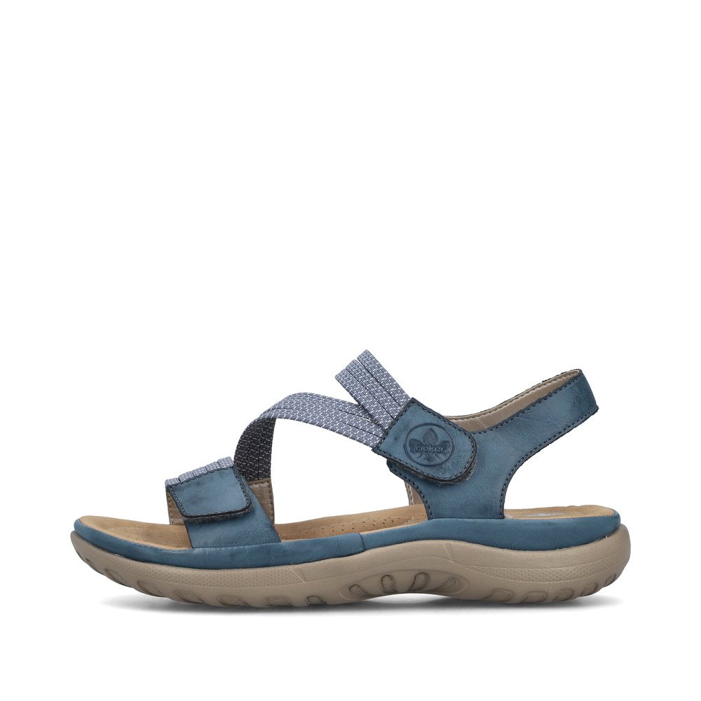 Rieker sandales à lanières bleues femmes 64870-14 avec fermeture velcro. Côté extérieur de la chaussure.