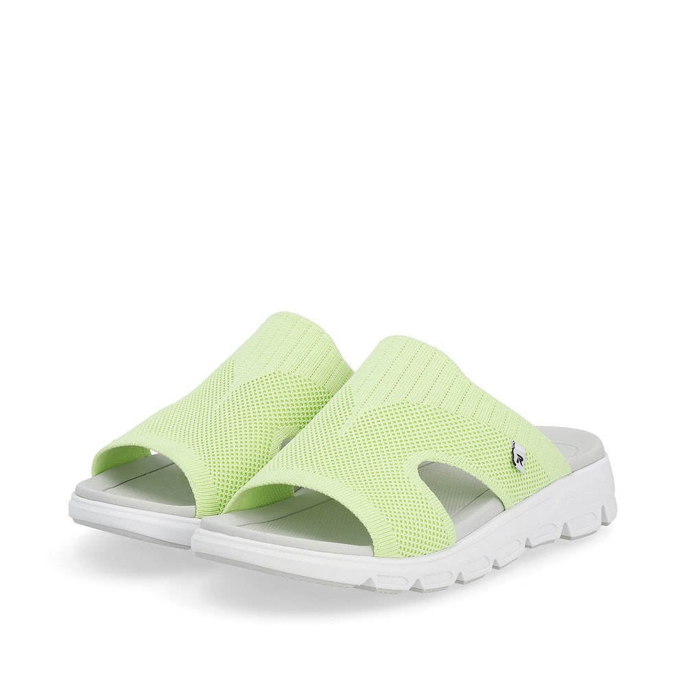 Green washable Rieker women´s mules V8451-52 with a super light sole. Shoes laterally.