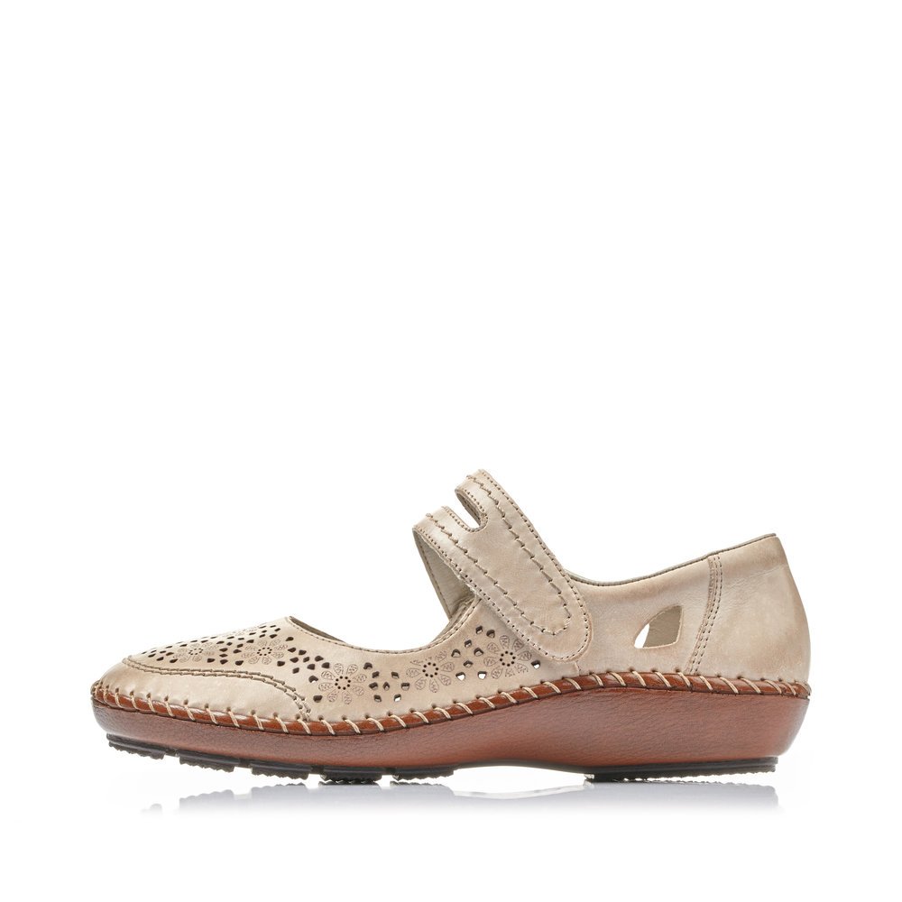 Champagne-colored Rieker women´s ballerinas 44875-60 with a hook and loop fastener. Outside of the shoe.