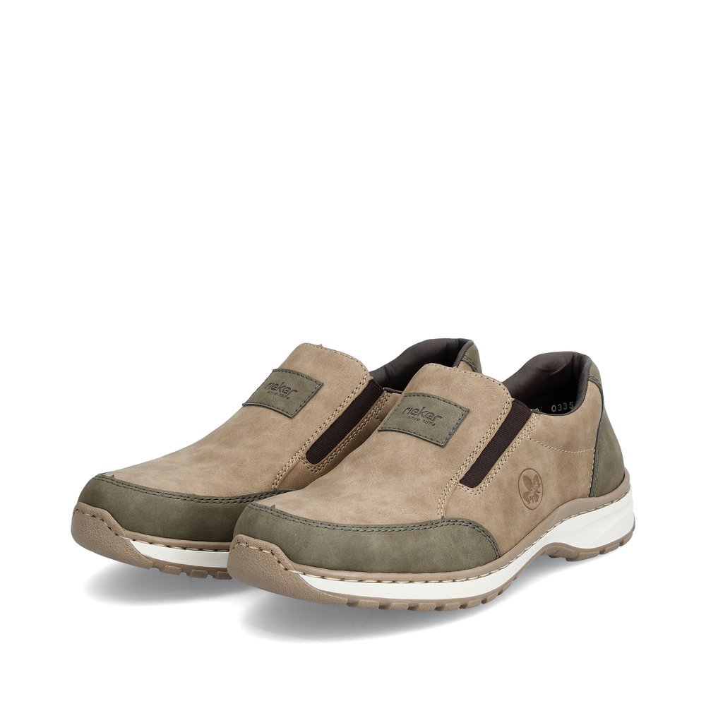 Beige Rieker men´s slippers 03354-64 with elastic insert as well as extra width H. Shoes laterally.