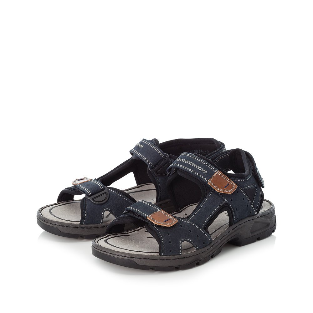 Sea blue Rieker men´s hiking sandals 26158-14 with a hook and loop fastener. Shoes laterally.