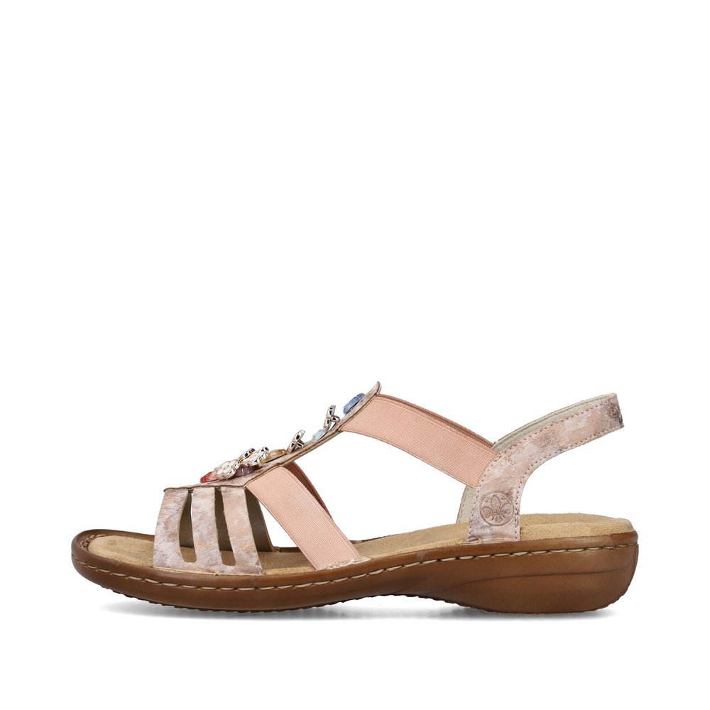 Pink Rieker women´s strap sandals 60855-31 with an elastic insert. Outside of the shoe.