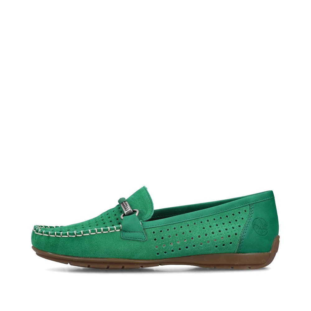 Green Rieker women´s loafers 40253-54 in perforated look as well as slim fit E 1/2. Outside of the shoe.