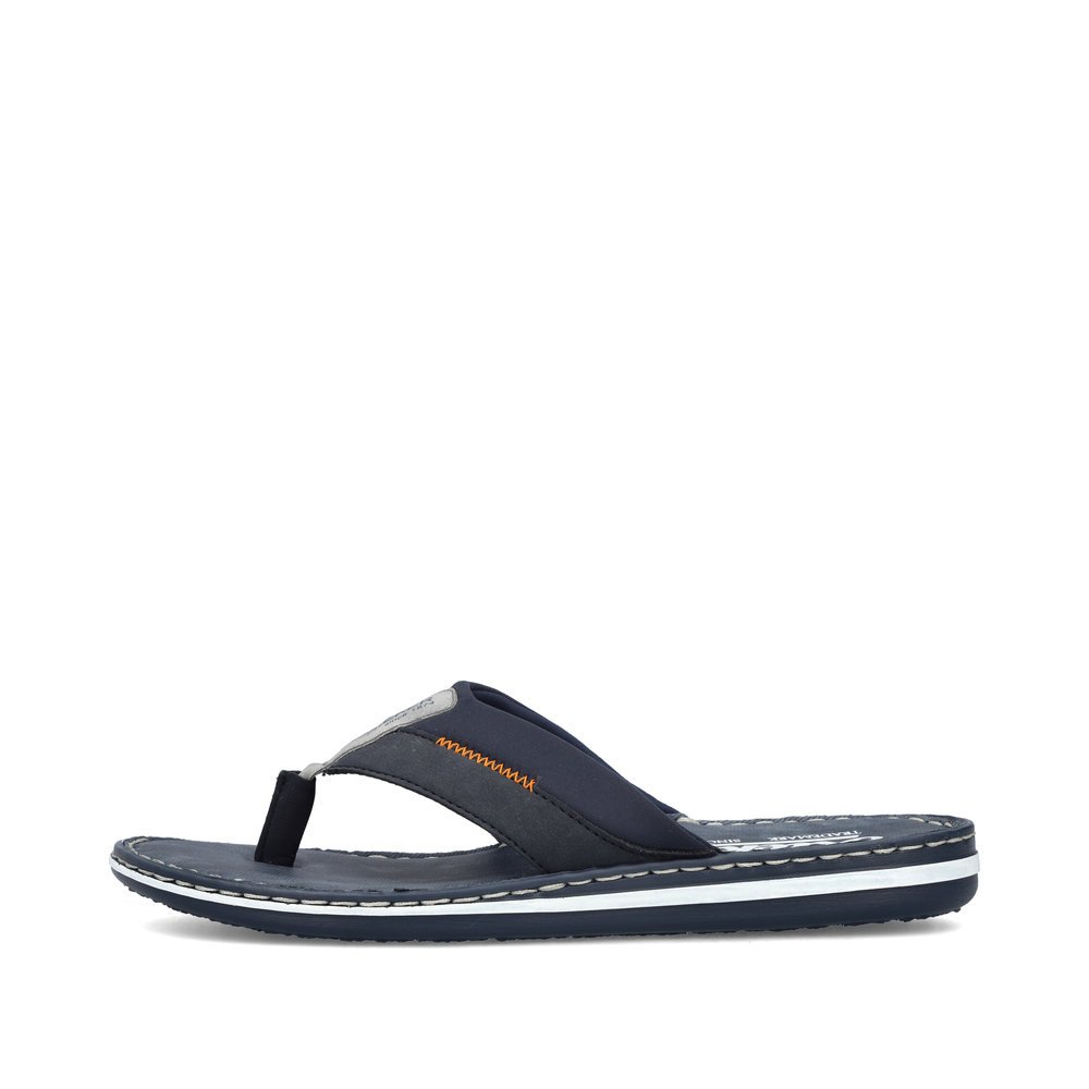 Navy blue Rieker men´s flip flops 21097-14 with orange stitching. Outside of the shoe.