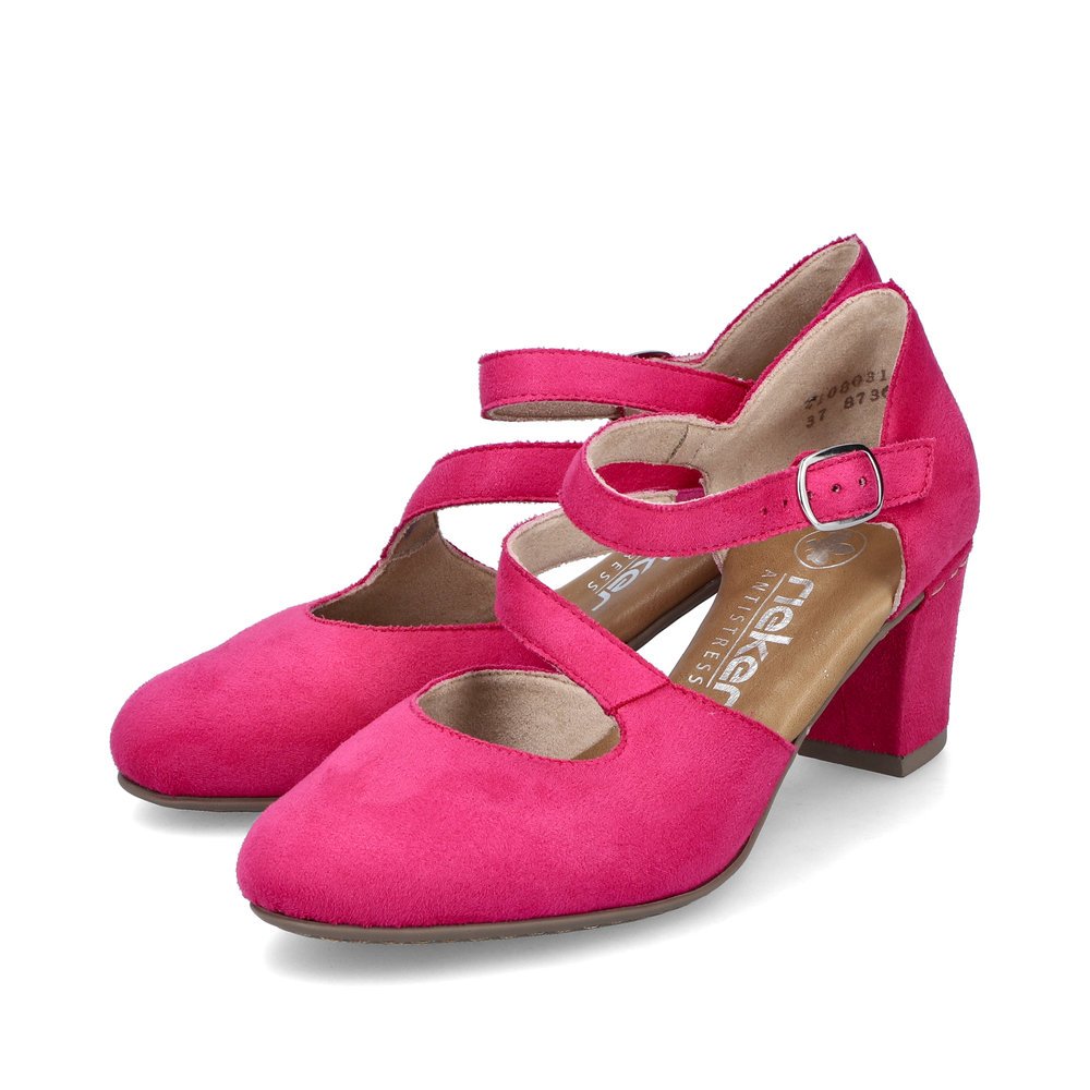 Pink Rieker women´s pumps 41080-31 with a buckle as well as extra soft cover sole. Shoes laterally.