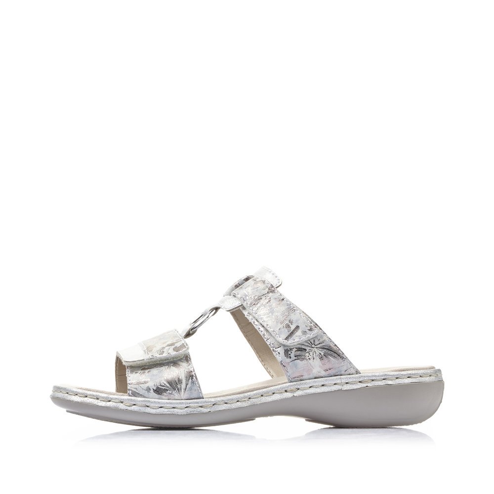 Silver Rieker women´s mules 659X6-80 with a hook and loop fastener. Outside of the shoe.