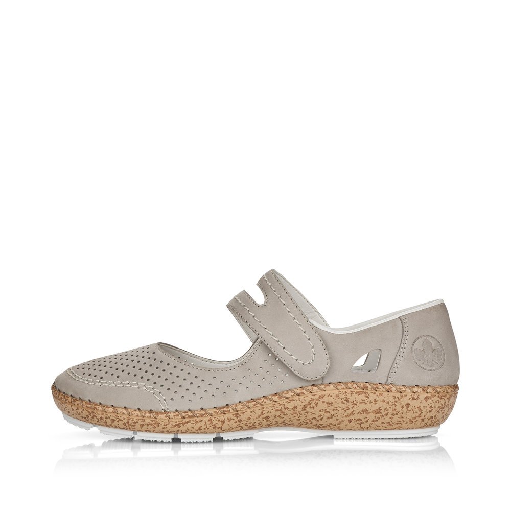 Light grey Rieker women´s ballerinas 44885-40 with a hook and loop fastener. Outside of the shoe.