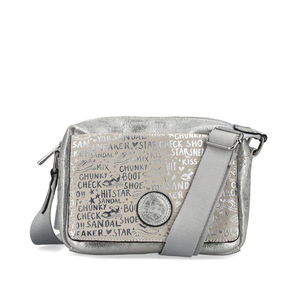 Rieker Handtasche H1455-90 in Silber-Metallic mit Reißverschluss und individuell verstellbarem Schulterriemen. Vorderseite.