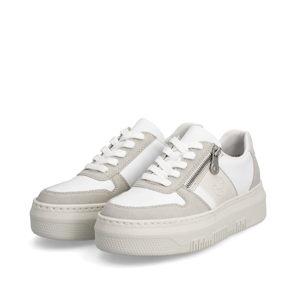 Swan white Rieker women´s low-top sneakers M1909-80 with a zipper. Shoes laterally.