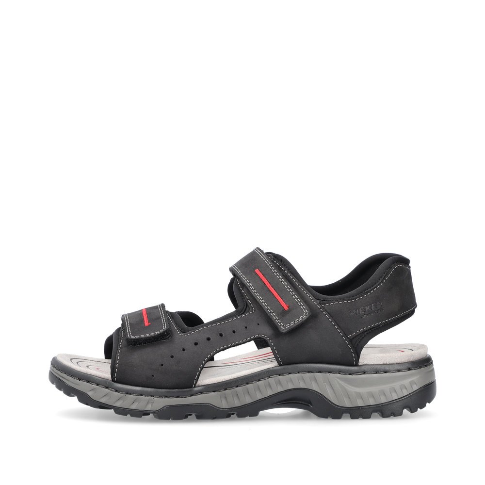 Asphalt black Rieker men´s hiking sandals 21760-00 with a hook and loop fastener. Outside of the shoe.