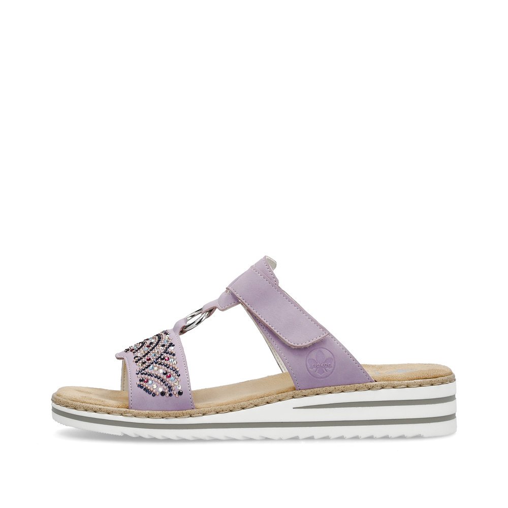 Lilac Rieker women´s mules V0621-30 with a hook and loop fastener. Outside of the shoe.