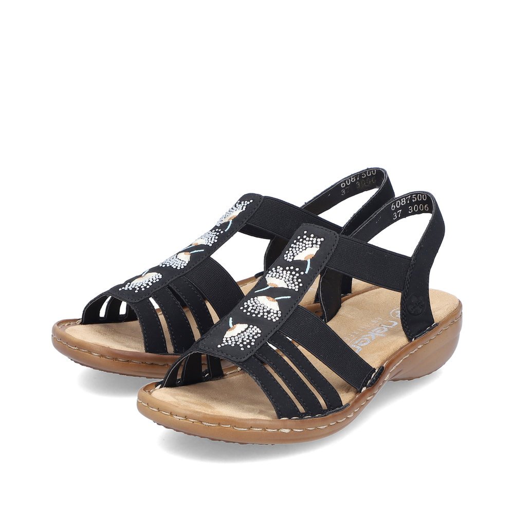 Asphalt black Rieker women´s strap sandals 60875-00 with an elastic insert. Shoes laterally.
