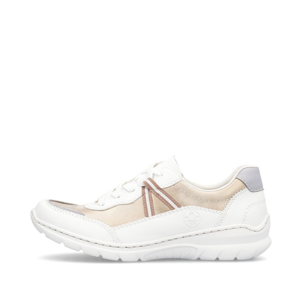 Snow white Rieker women´s low-top sneakers L3201-80 with lacing. Outside of the shoe.