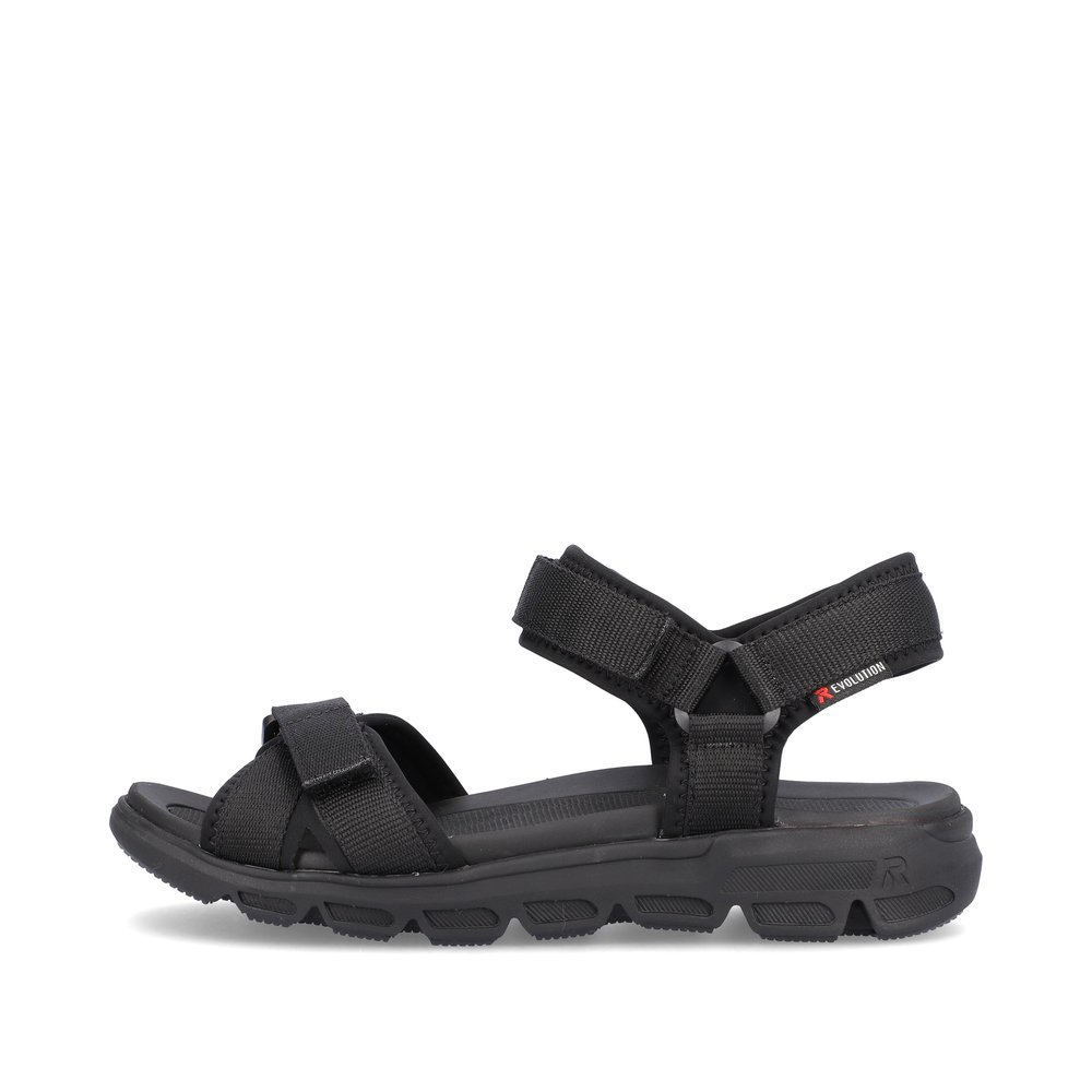 Black washable Rieker women´s hiking sandals V8401-00 with a flexible sole. Outside of the shoe.