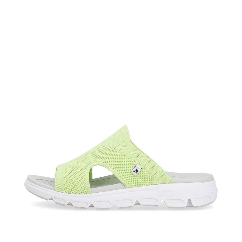 Green washable Rieker women´s mules V8451-52 with a super light sole. Outside of the shoe.