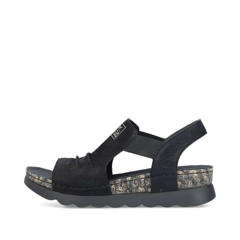 Asphalt black Rieker women´s strap sandals 64463-01 with an elastic insert. Outside of the shoe.