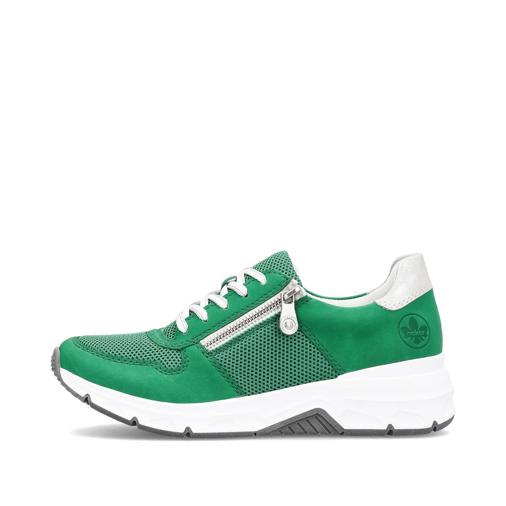 Grass green Rieker women´s low-top sneakers 48135-52 with a zipper. Outside of the shoe.