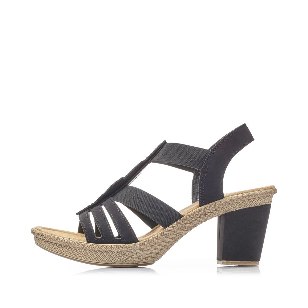 Jet black Rieker women´s strap sandals 66526-00 with an elastic insert. Outside of the shoe.