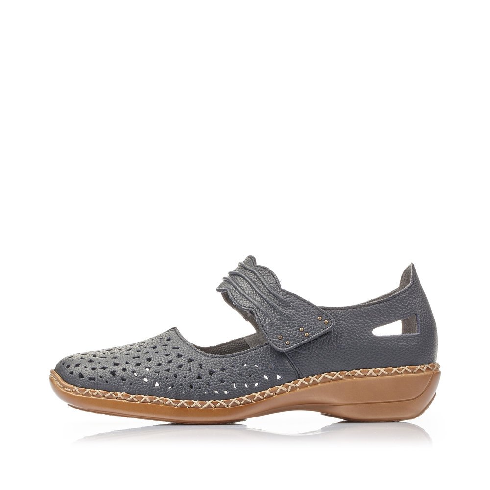 Navy blue Rieker women´s ballerinas 41399-14 with a hook and loop fastener. Outside of the shoe.
