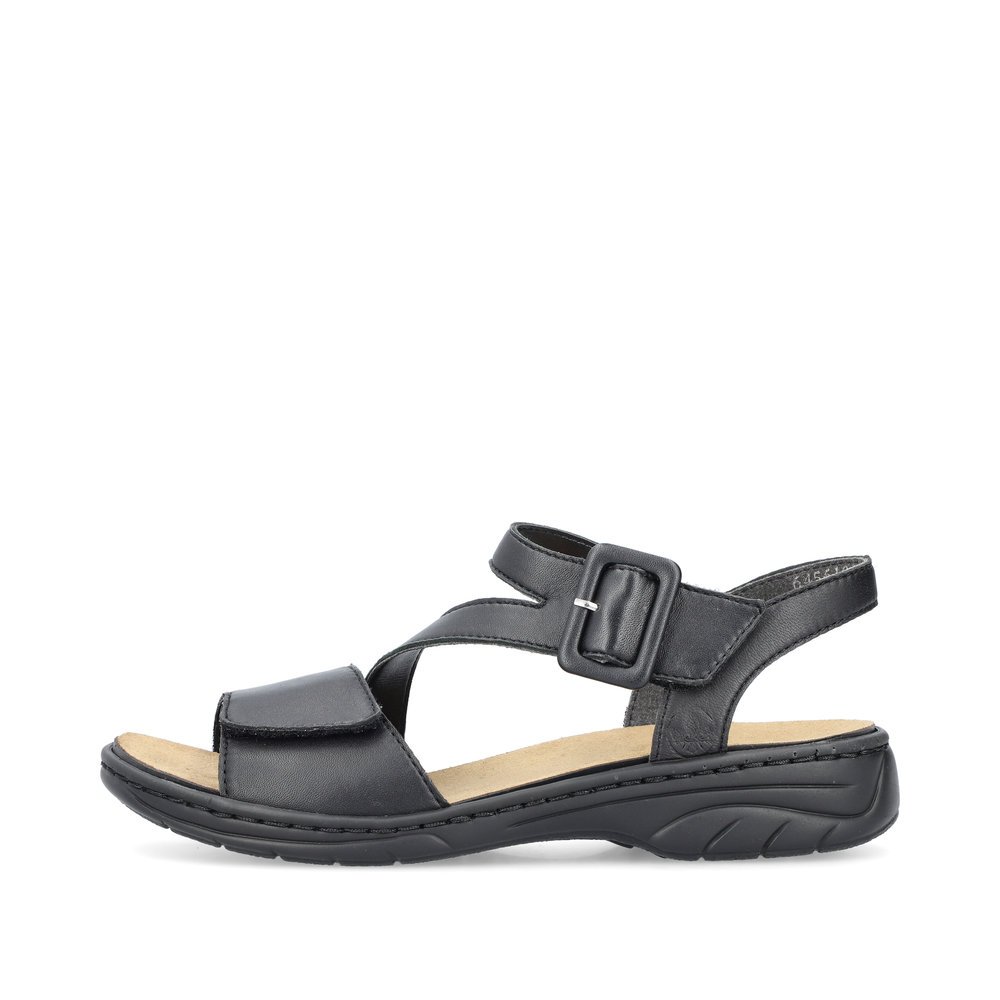 Asphalt black Rieker women´s strap sandals 64561-00 with a hook and loop fastener. Outside of the shoe.