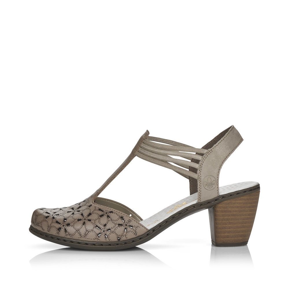 Clay beige Rieker women´s strap sandals 40966-64 with an elastic insert. Outside of the shoe.