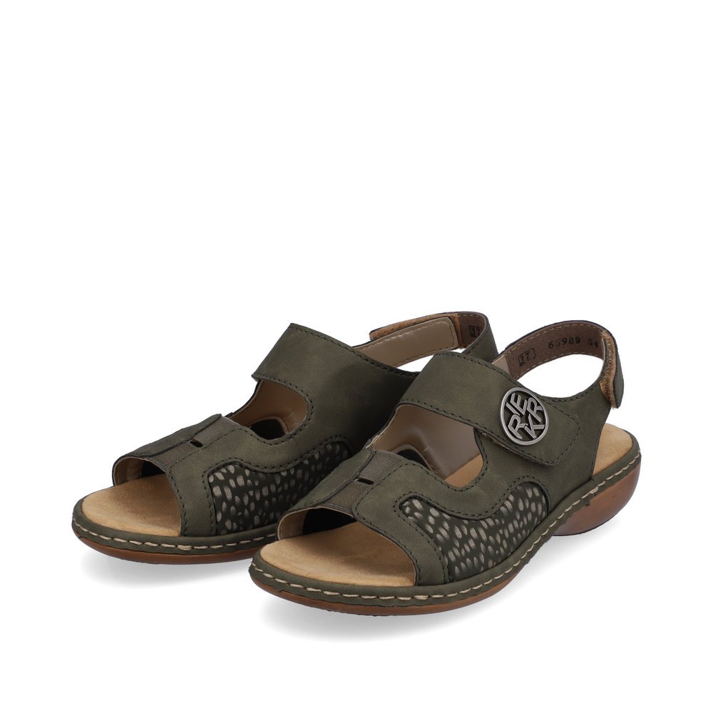 Green-grey Rieker women´s strap sandals 65989-54 with a hook and loop fastener. Shoes laterally.