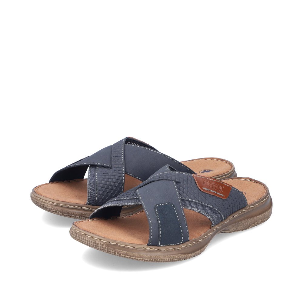Slate blue Rieker men´s mules 21491-14 with the comfort width G 1/2. Shoes laterally.