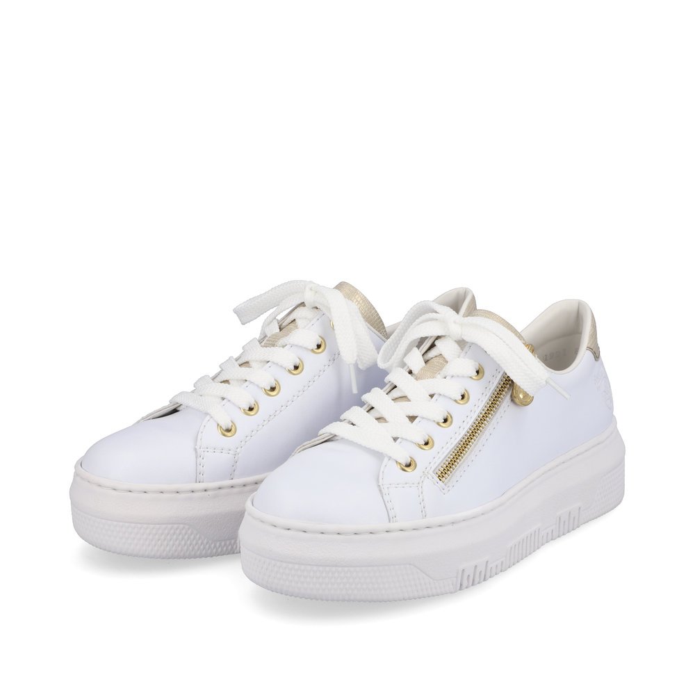 Crystal white Rieker women´s low-top sneakers M1921-80 with a zipper. Shoes laterally.