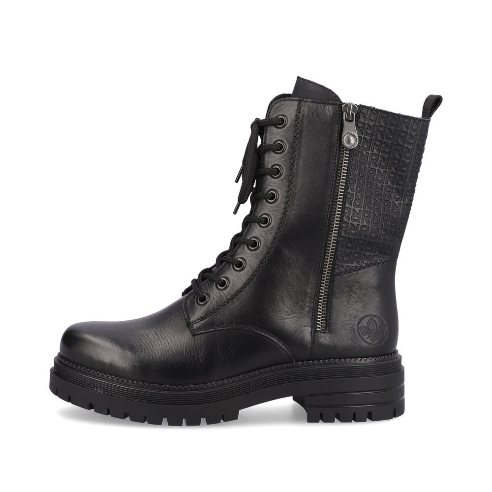 Jet black Rieker women´s biker boots Y3116-00 with lacing and zipper. The outside of the shoe