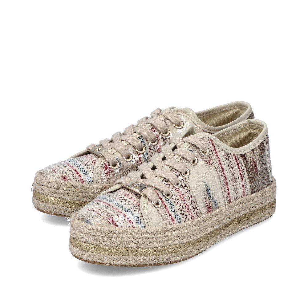 Light beige Rieker women´s lace-up shoes 94010-60 with multicolor print. Shoes laterally.