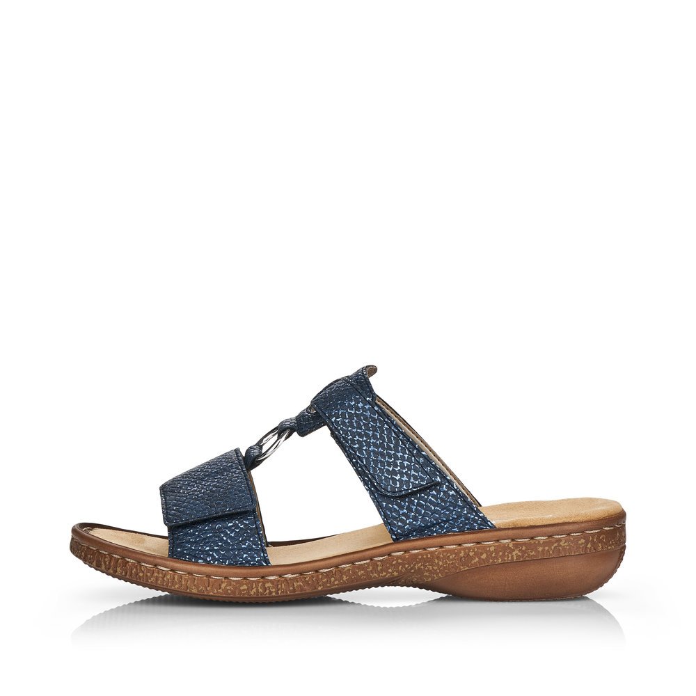 Slate blue Rieker women´s mules 628P9-14 with a hook and loop fastener. Outside of the shoe.