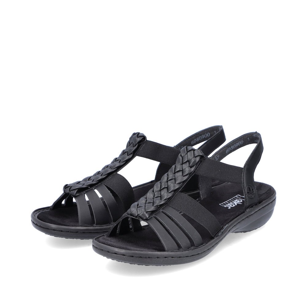 Black Rieker women´s strap sandals 60809-00 with an elastic insert. Shoes laterally.