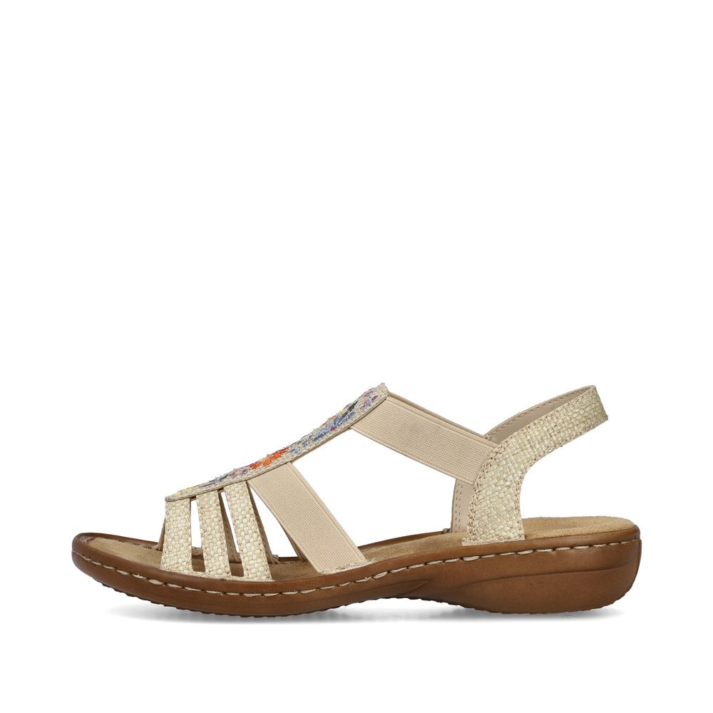 Beige Rieker women´s strap sandals 60808-60 with an elastic insert. Outside of the shoe.