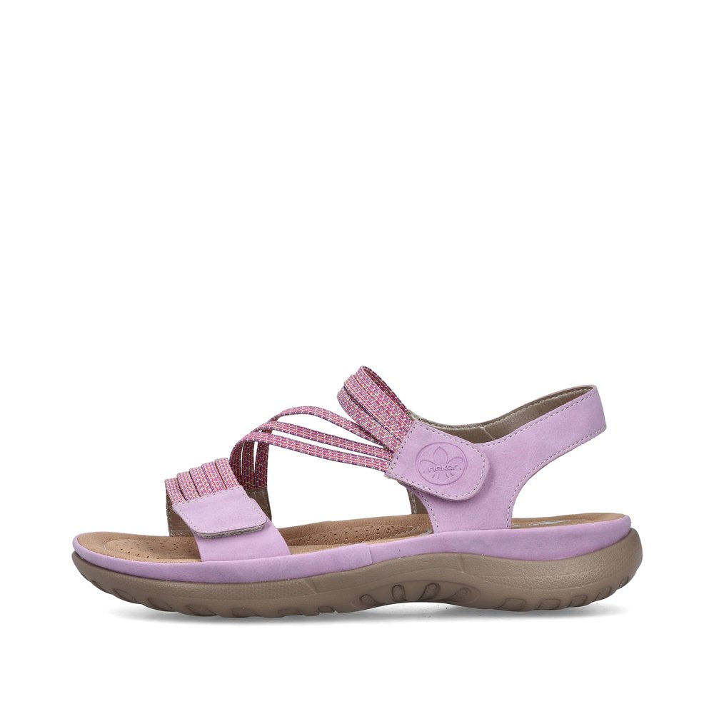 Rieker sandales à lanières roses femmes 64870-30 avec fermeture velcro. Côté extérieur de la chaussure.