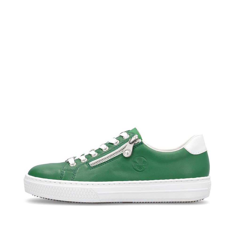 Grüne Rieker Damen Sneaker Low L59L1-52 mit einem Reißverschluss. Schuh Außenseite.