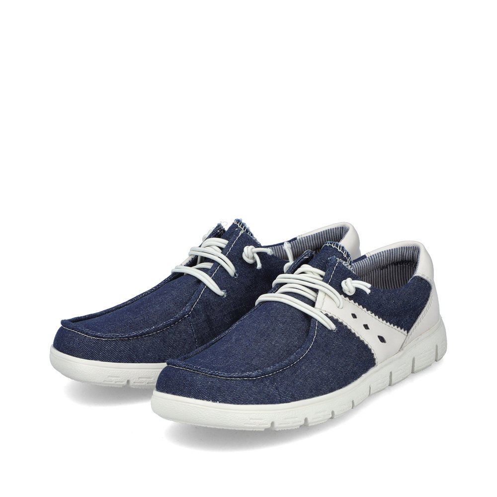 Navy blue vegan Rieker women´s slippers 44000-14 with an elastic lacing. Shoes laterally.