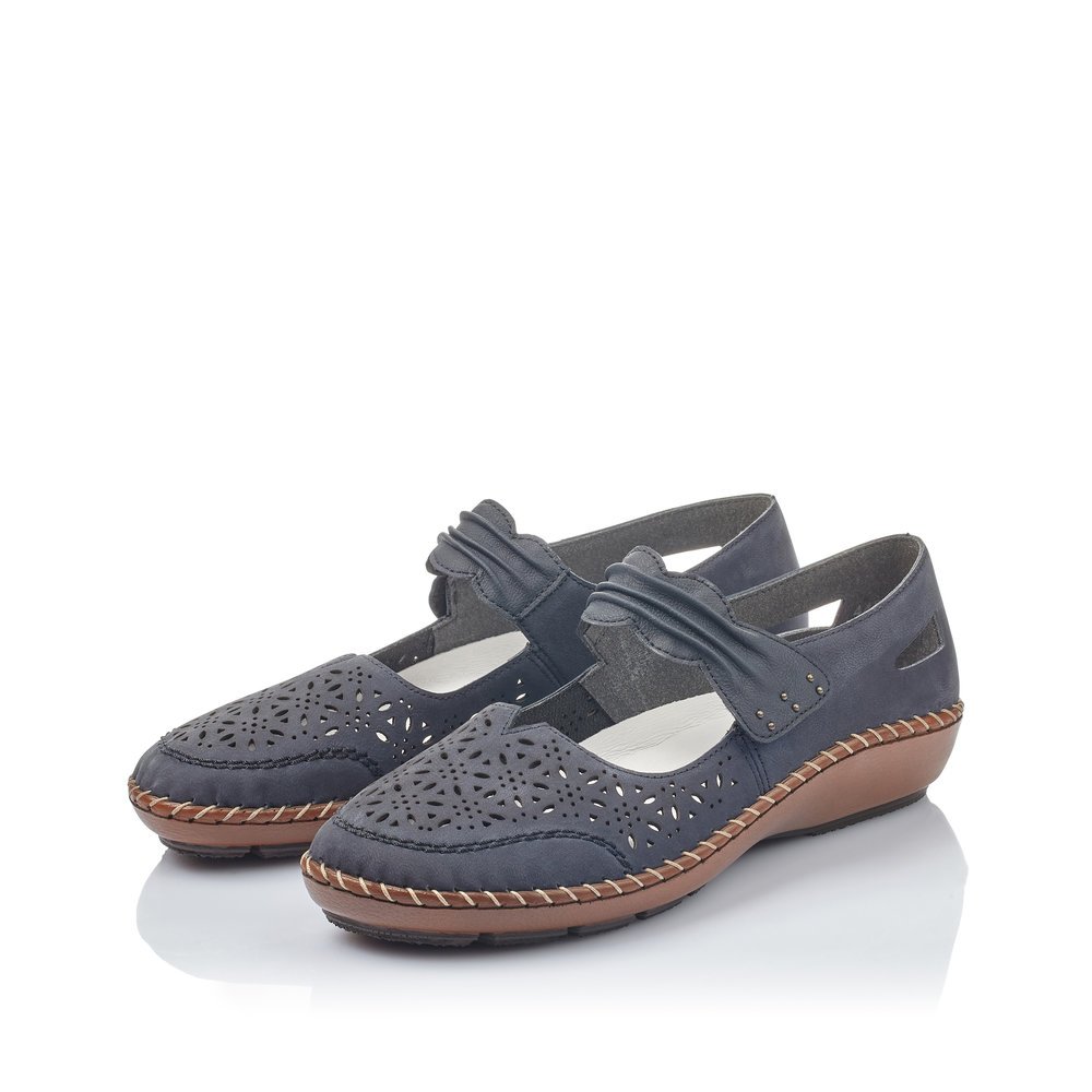 Blue Rieker women´s ballerinas 44896-14 with a hook and loop fastener. Shoes laterally.