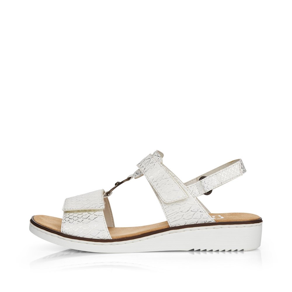 Ice white Rieker women´s wedge sandals 63687-80 with a hook and loop fastener. Outside of the shoe.