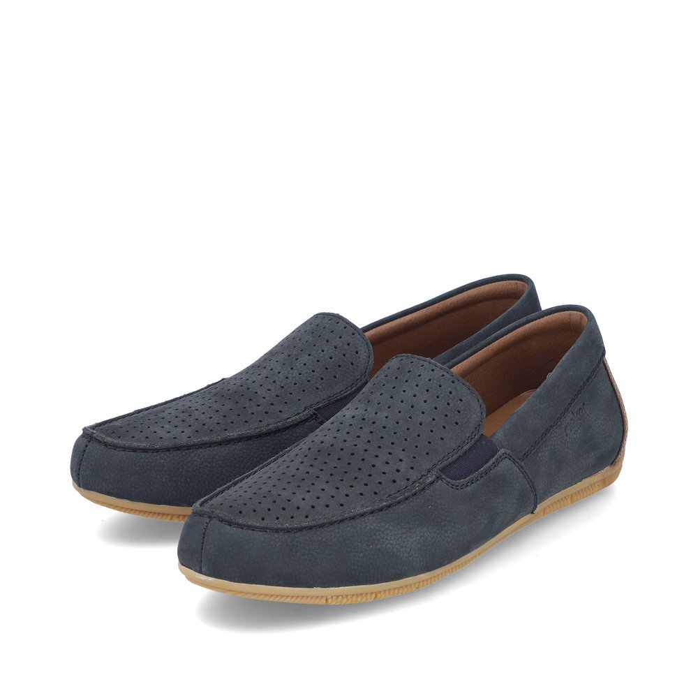 Blue Rieker men´s slippers 09555-14 with elastic insert as well as perforated look. Shoes laterally.