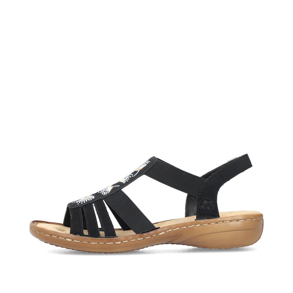 Rieker sandales à lanières noires femmes 60875-00 avec insert élastique. Côté extérieur de la chaussure.