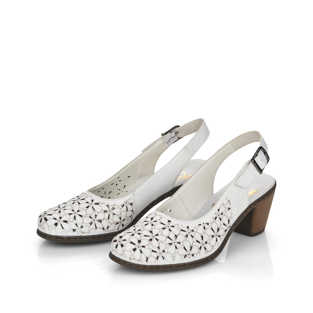 White Rieker women´s slingback pumps 40981-80 with a hook and loop fastener. Shoes laterally.