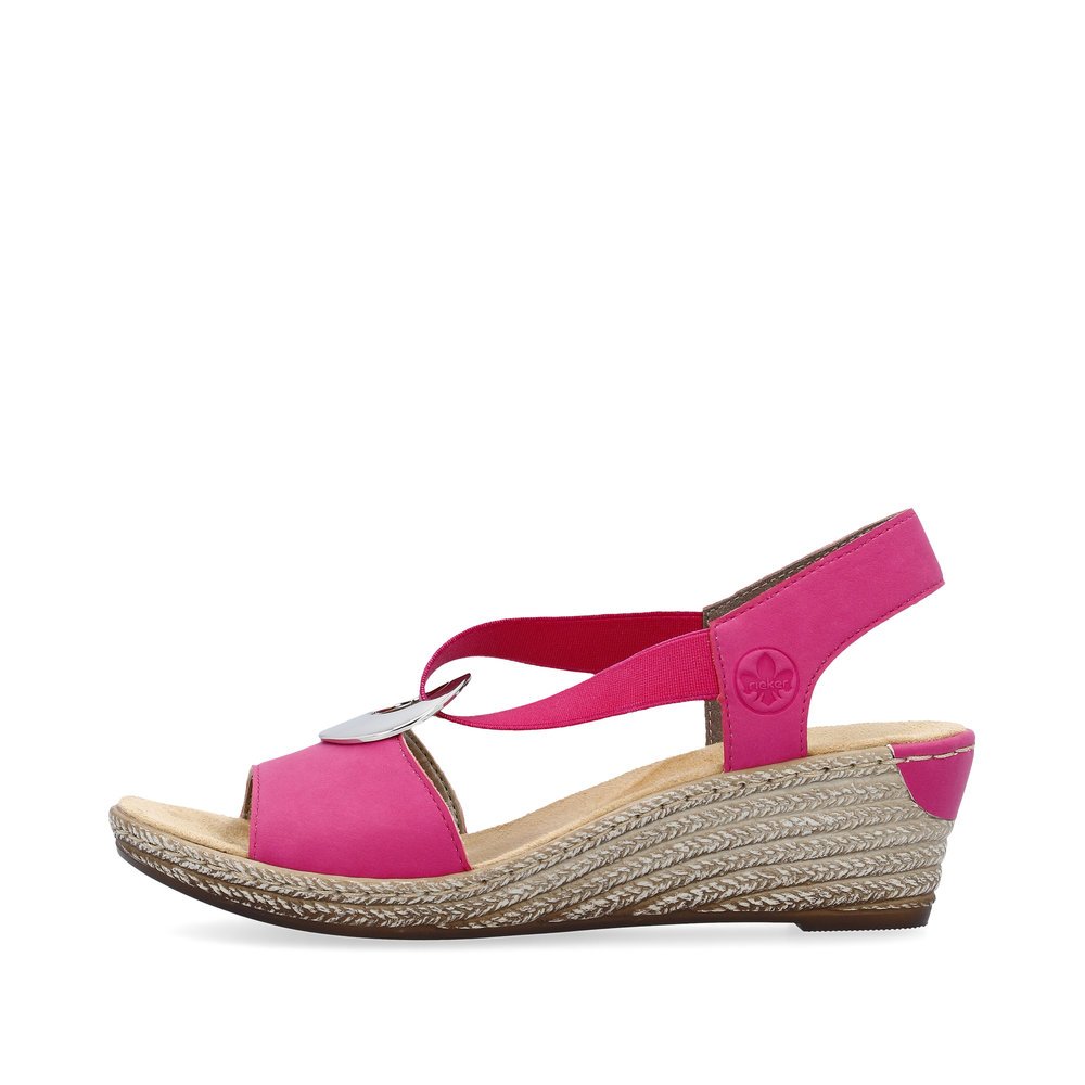 Pink Rieker women´s wedge sandals 624H6-32 with an elastic insert. Outside of the shoe.
