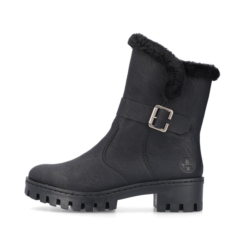 Asphalt black Rieker women´s ankle boots 75774-00 with robust profile sole. The outside of the shoe