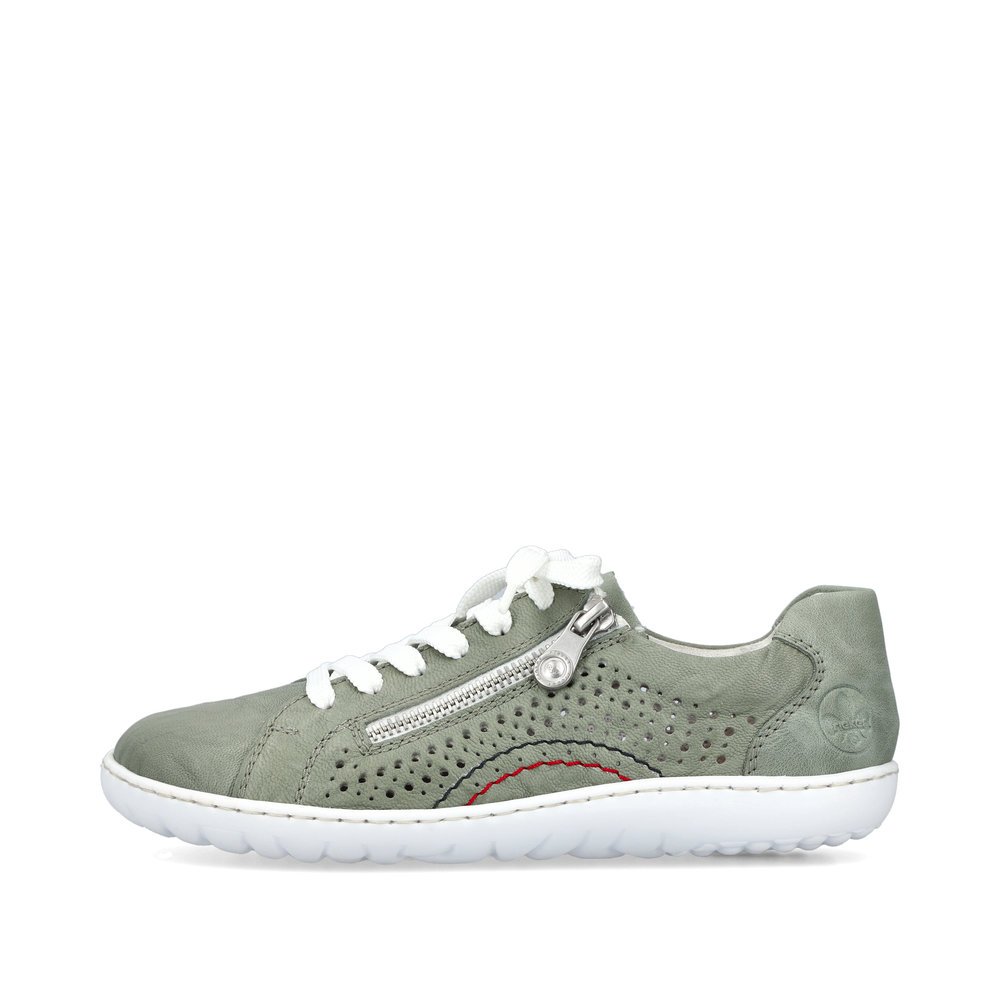 Green Rieker women´s lace-up shoes 52824-52 with zipper as well as perforated look. Outside of the shoe.