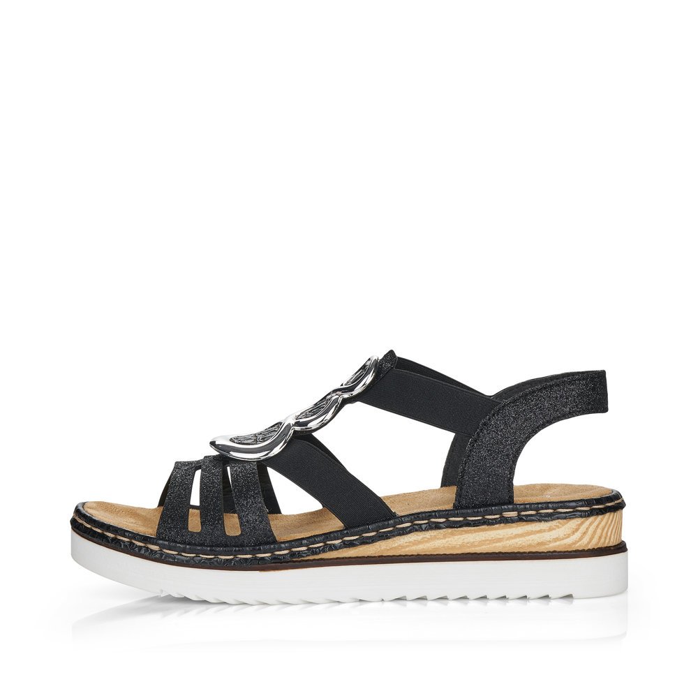 Jet black Rieker women´s wedge sandals 679L4-00 with an elastic insert. Outside of the shoe.