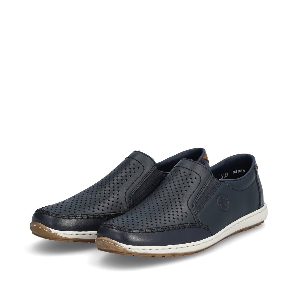 Blue Rieker men´s slippers 08868-15 with elastic insert as well as perforated look. Shoes laterally.