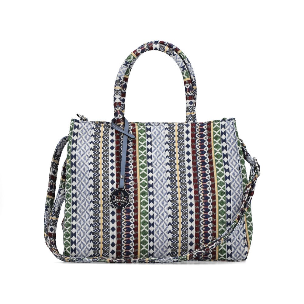 Rieker shopper H1511-95 in colorful fabric with roomy main pocket including zipper. Front.