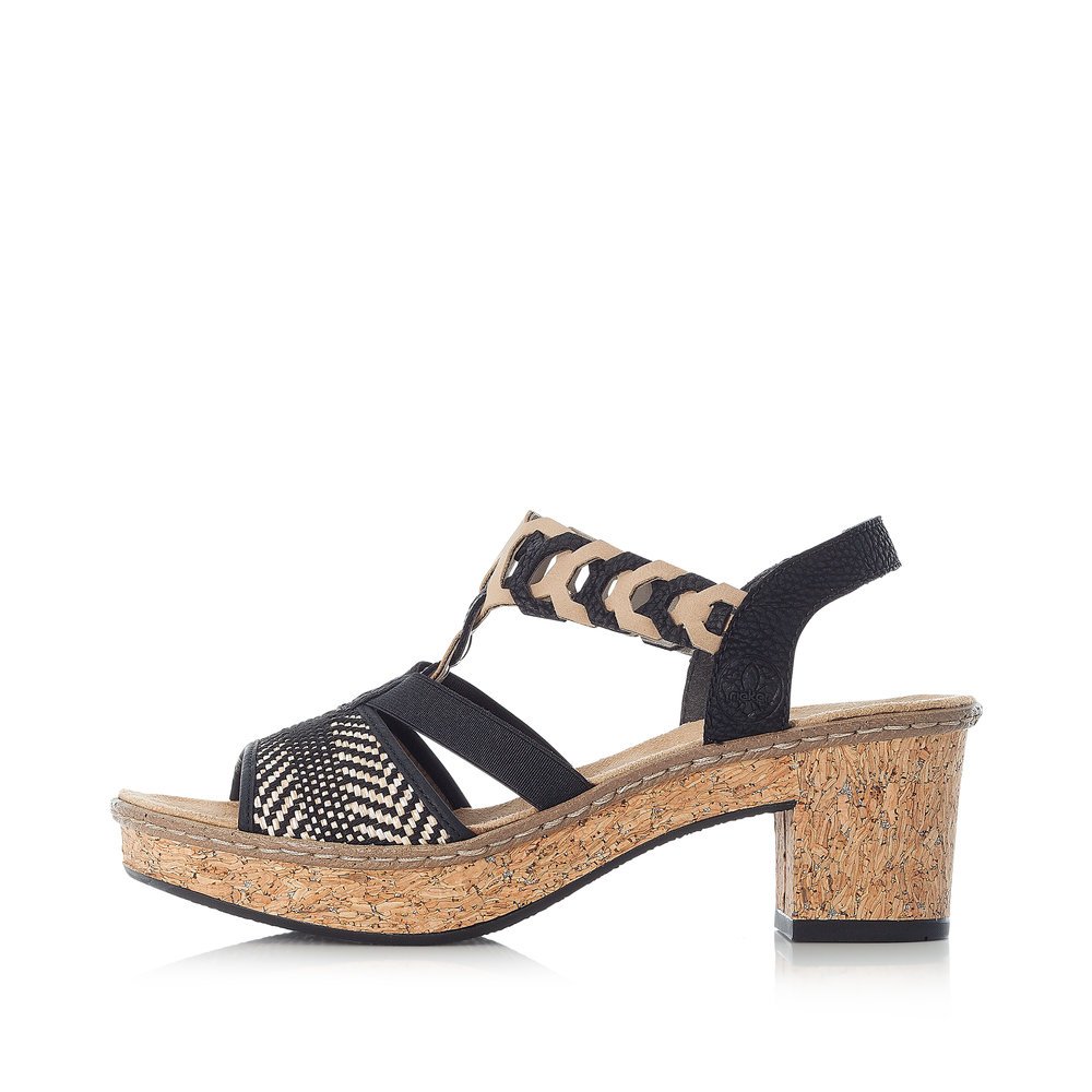 Jet black Rieker women´s strap sandals 638C7-00 with an elastic insert. Outside of the shoe.
