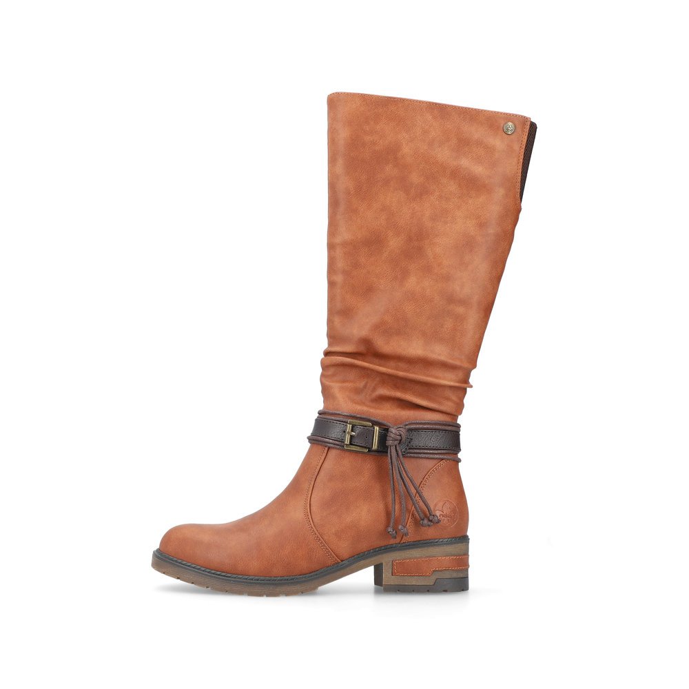 Nougat brown Rieker women´s high boots 91694-24 with zipper as well as profile sole. The outside of the shoe
